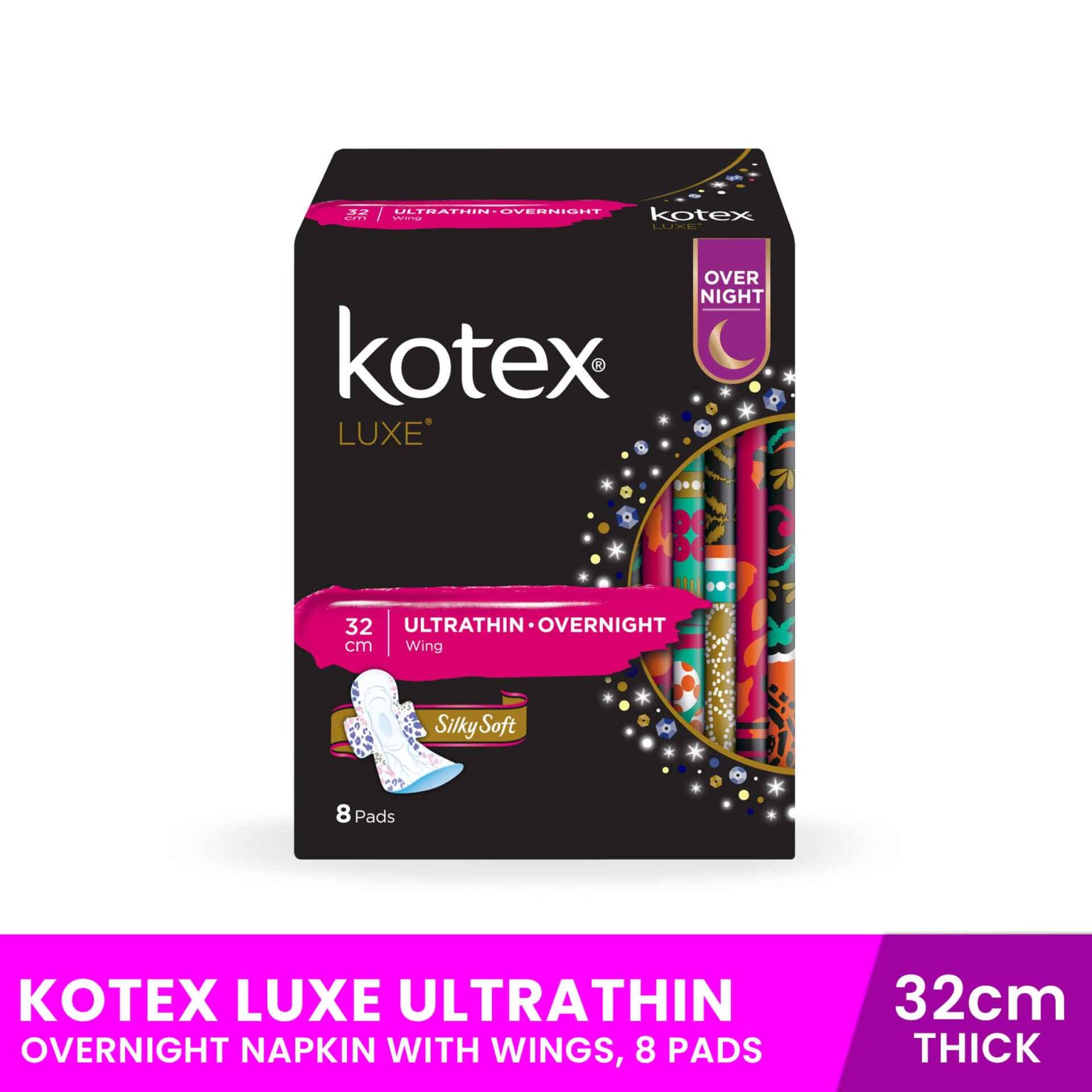 KOTEX Luxe Ultrathin Overnight Napkin with Wings, 32cm Thick, 8 Pads ...