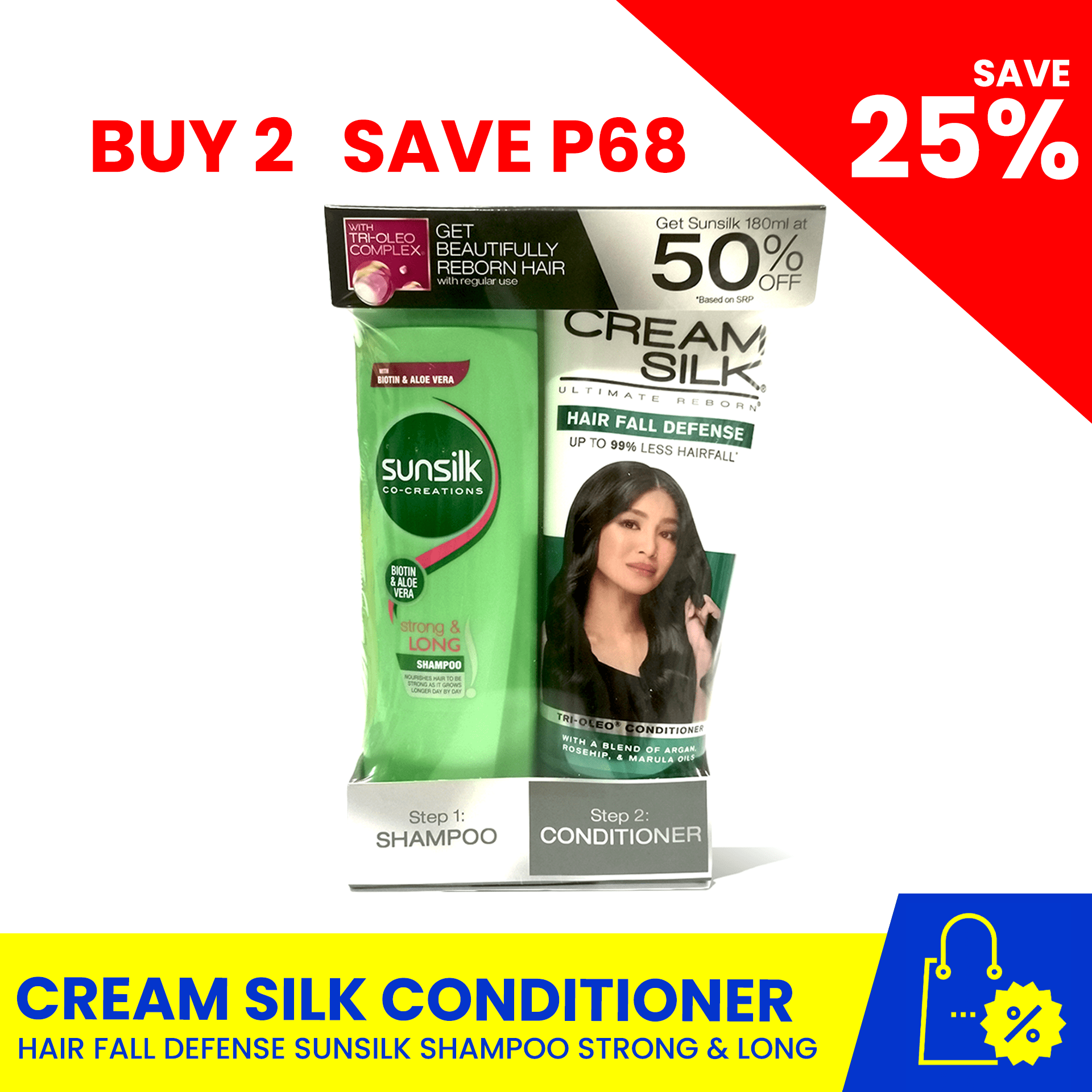 SAVE 25%: CREAM SILK Conditioner Hair Fall Defense 180ml + SUNSILK Shampoo  Strong & Long 180ml – Biggrocer